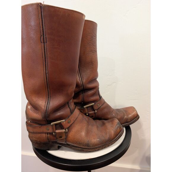 Vintage Brown Leather Harness Boots – Size 8.5–9, CAT/Vibram Sole, Moto Style - Picture 3 of 10